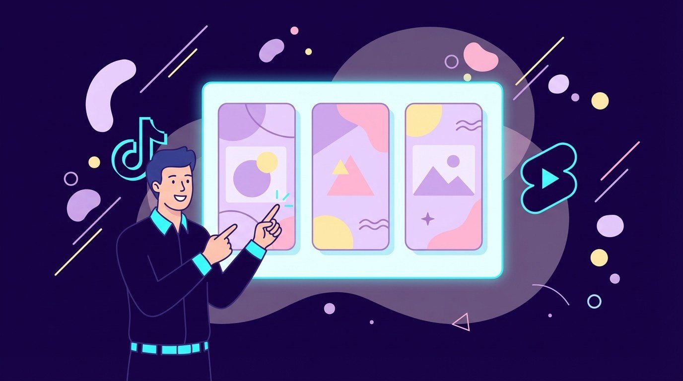 Happy creator pointing at three vertical video thumbnail designs with abstract shapes, surrounded by TikTok and play icons, illustrating a TikTok Shorts thumbnail trio.