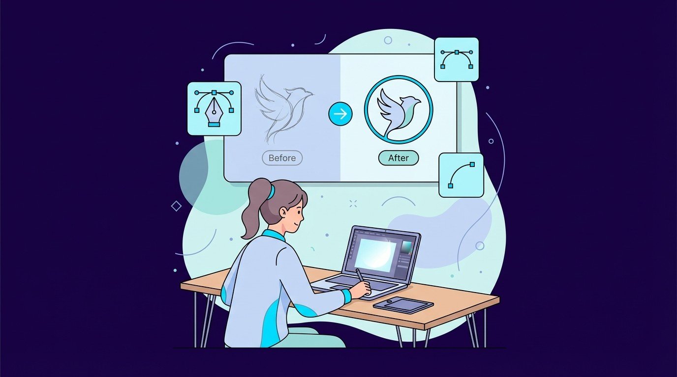 Designer drawing on a laptop while a before and after panel shows a sketchy bird logo transformed into a clean vector badge, representing minimal logo cleanup and vectorization.