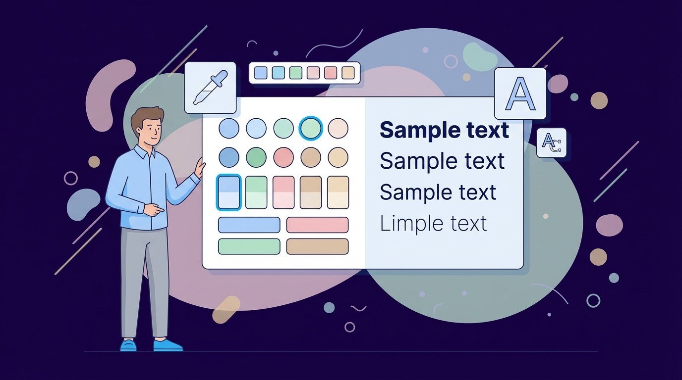 Brand designer pointing at a board filled with color swatches, buttons, and sample texts, illustrating brand color palette and typography pairing.
