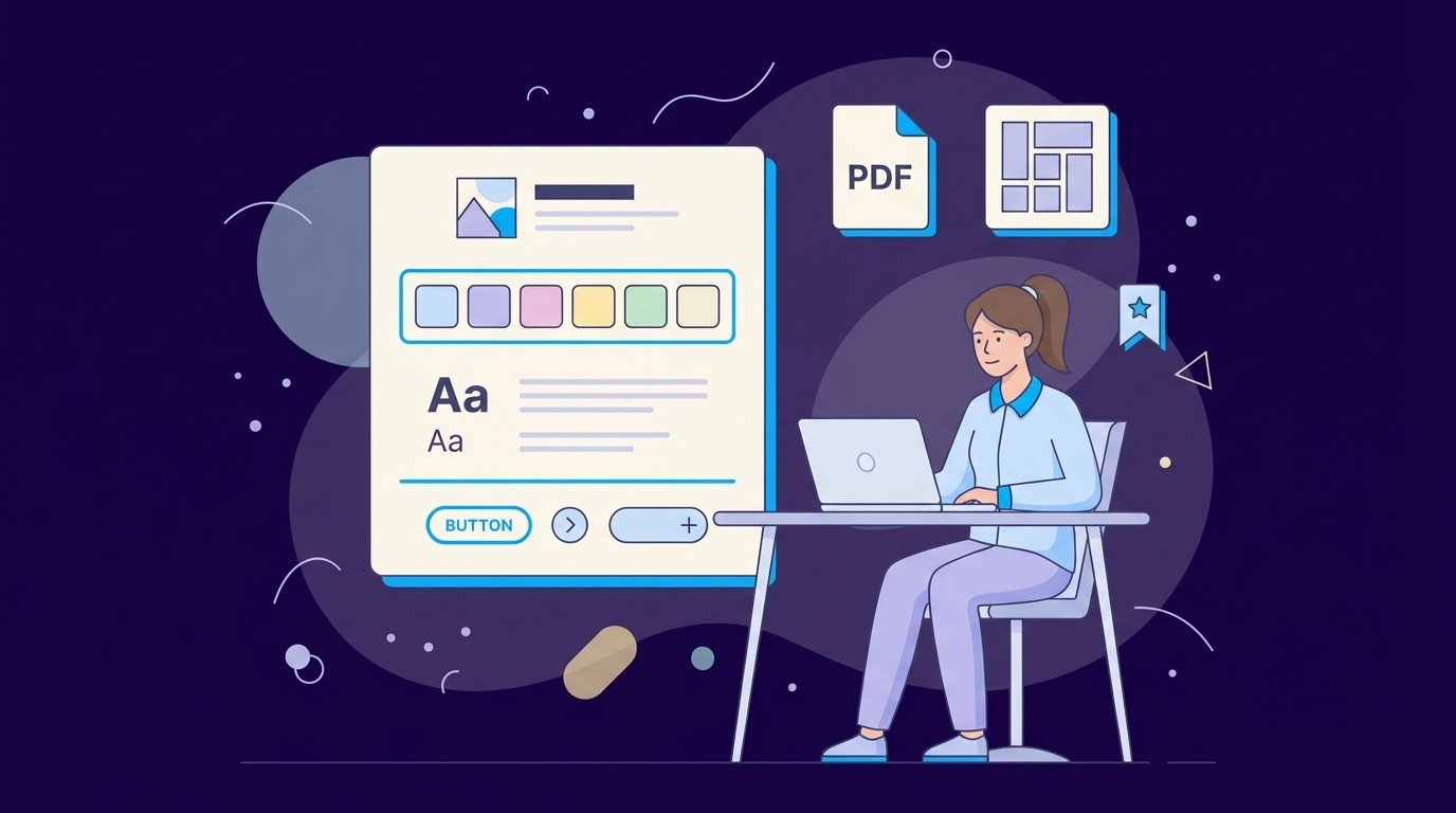 Designer working on a laptop next to a large one page brand style sheet showing logo, colors, typography, and button styles, with PDF and layout icons above.