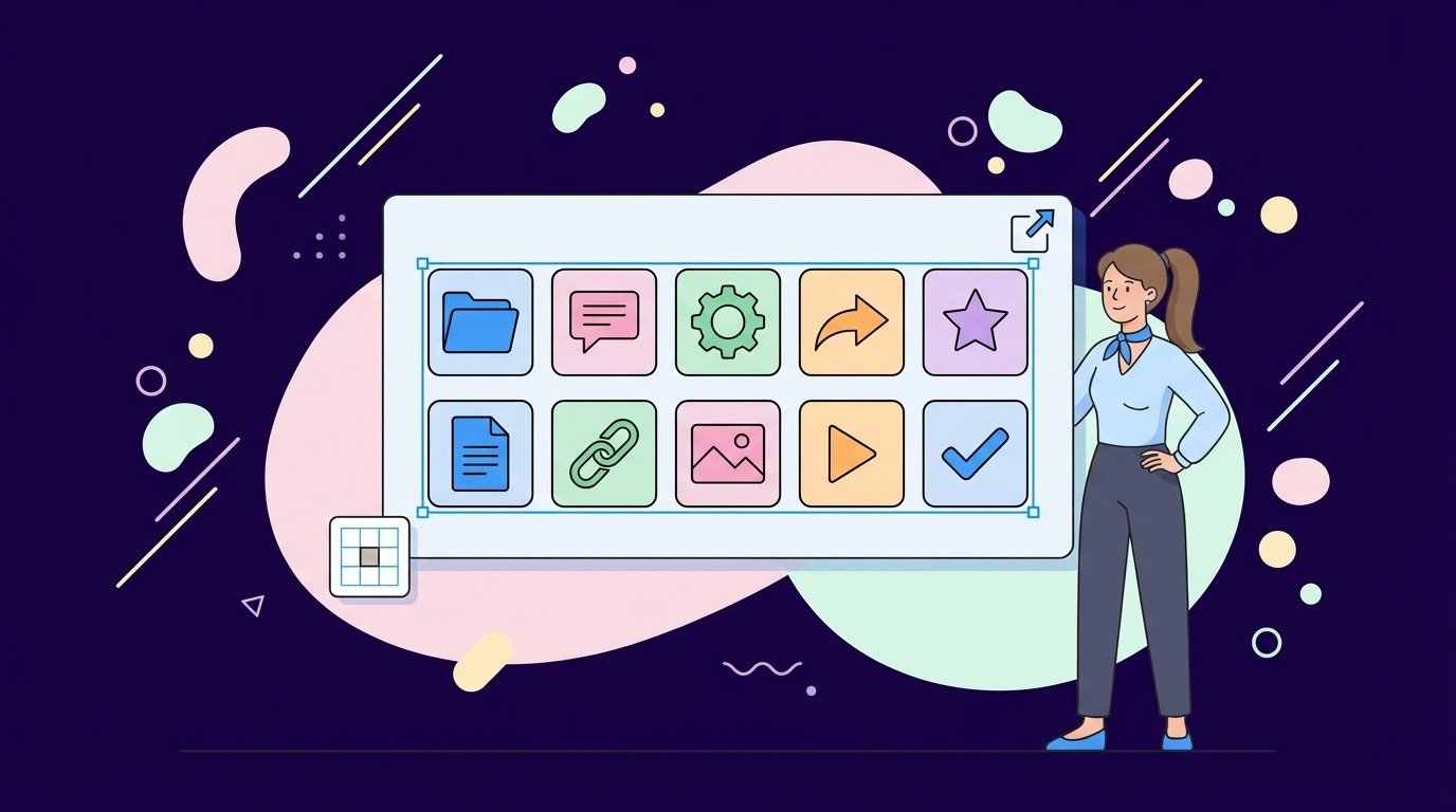 Designer standing beside a board of ten colorful square icons including folder, chat, gear, share, star, link, image, play, and checkmark, representing a simple custom icon set