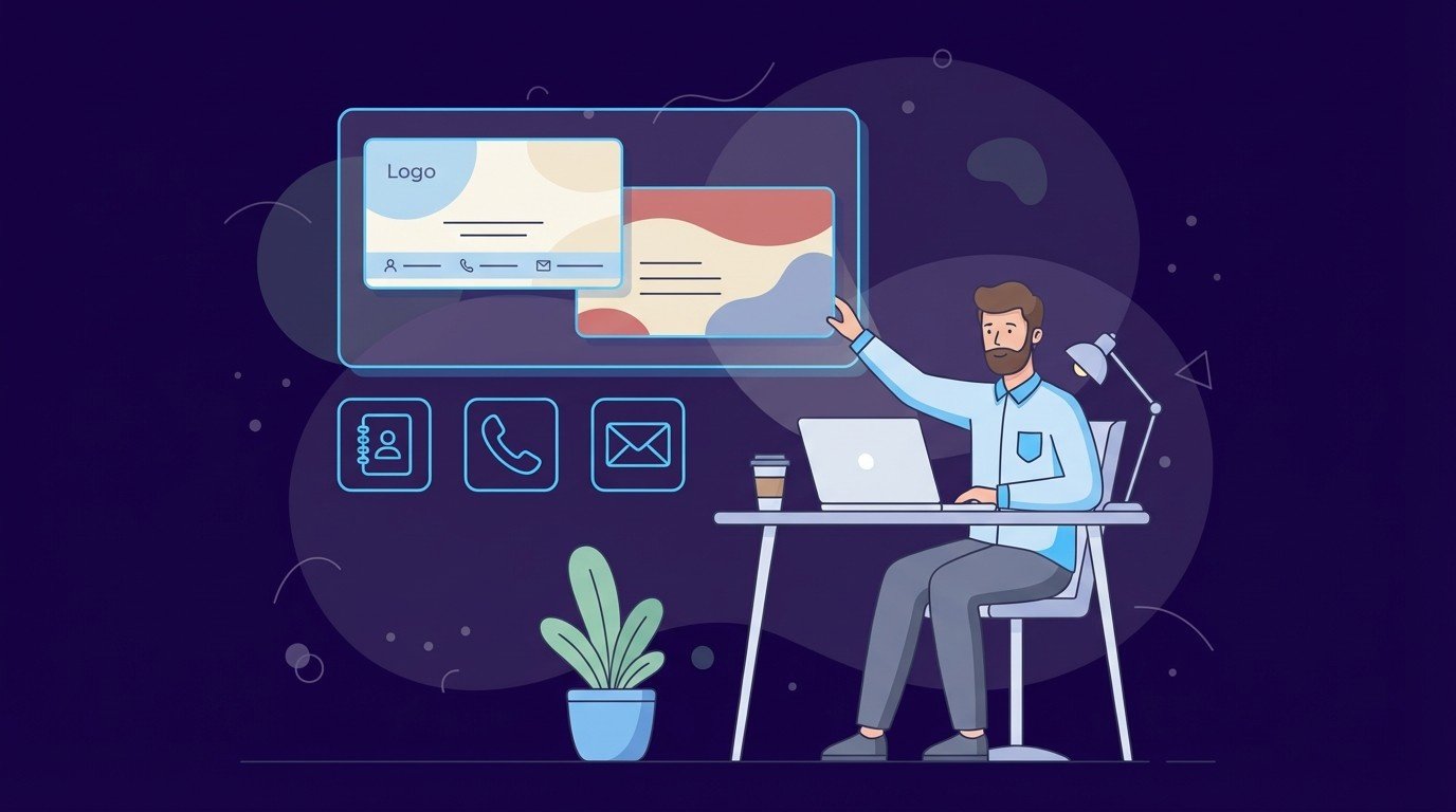 Professional at a desk with laptop gesturing toward two floating business card mockups showing logo and contact details, illustrating front and back business card design.
