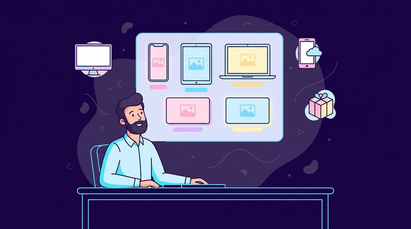 Bearded designer at desk viewing multiple device screens with product images, illustrating versatile product showcase mockup pack