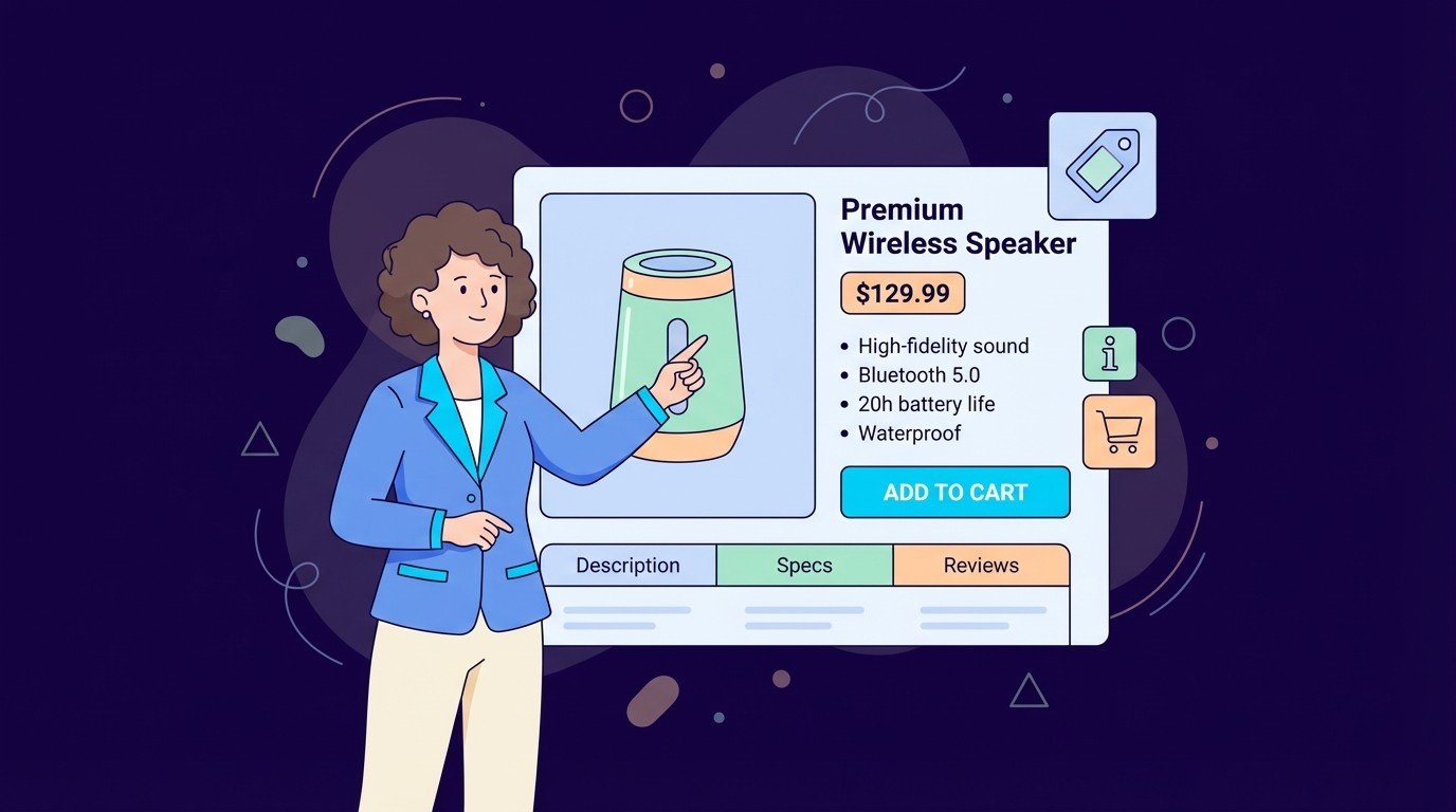 Marketer presenting ecommerce product detail card with price, bullets and add to cart button, showing optimized PDP section redesign