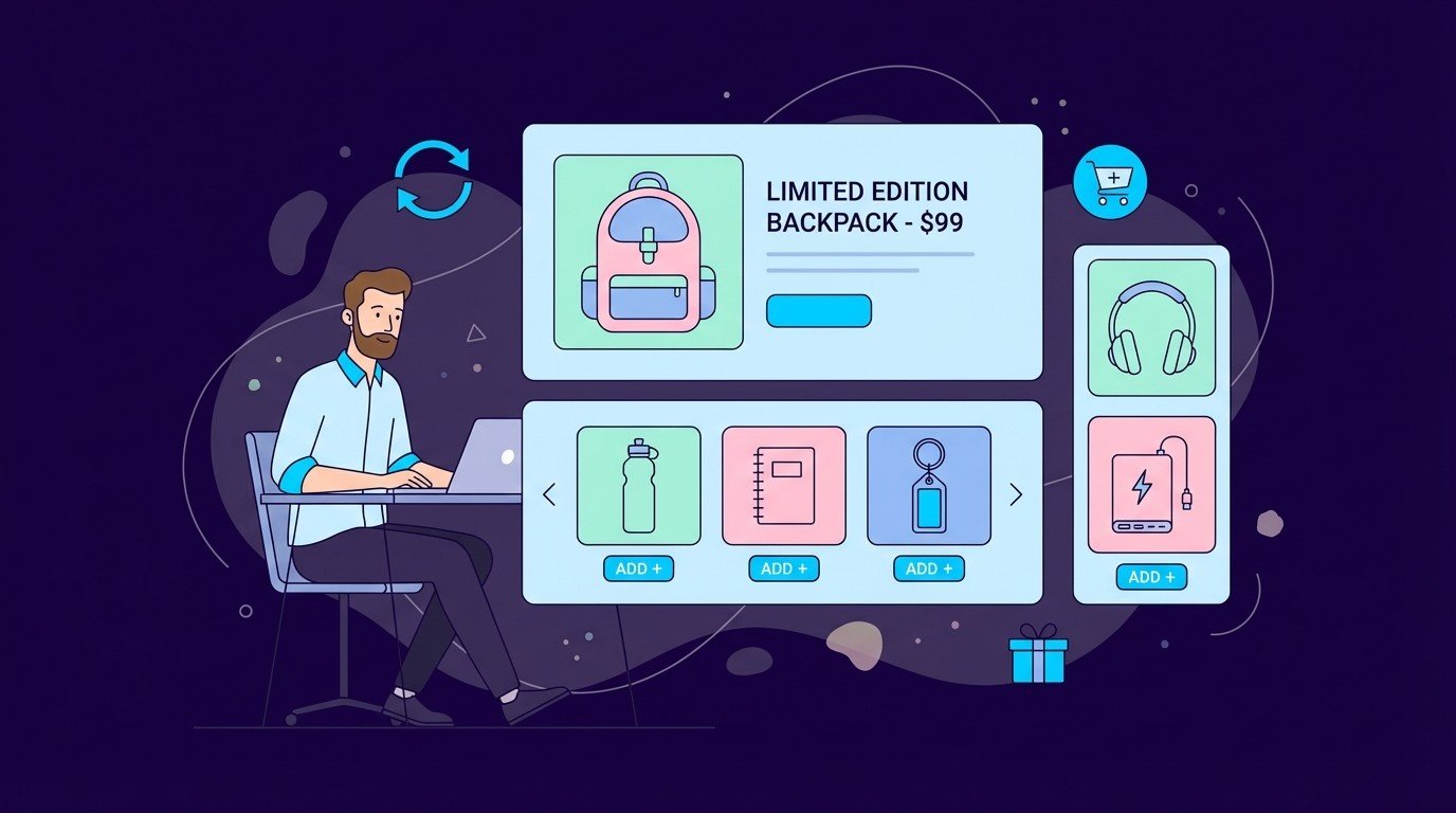 Designer at laptop with main product card and row of add on items below, illustrating upsell and cross sell widgets UI design.