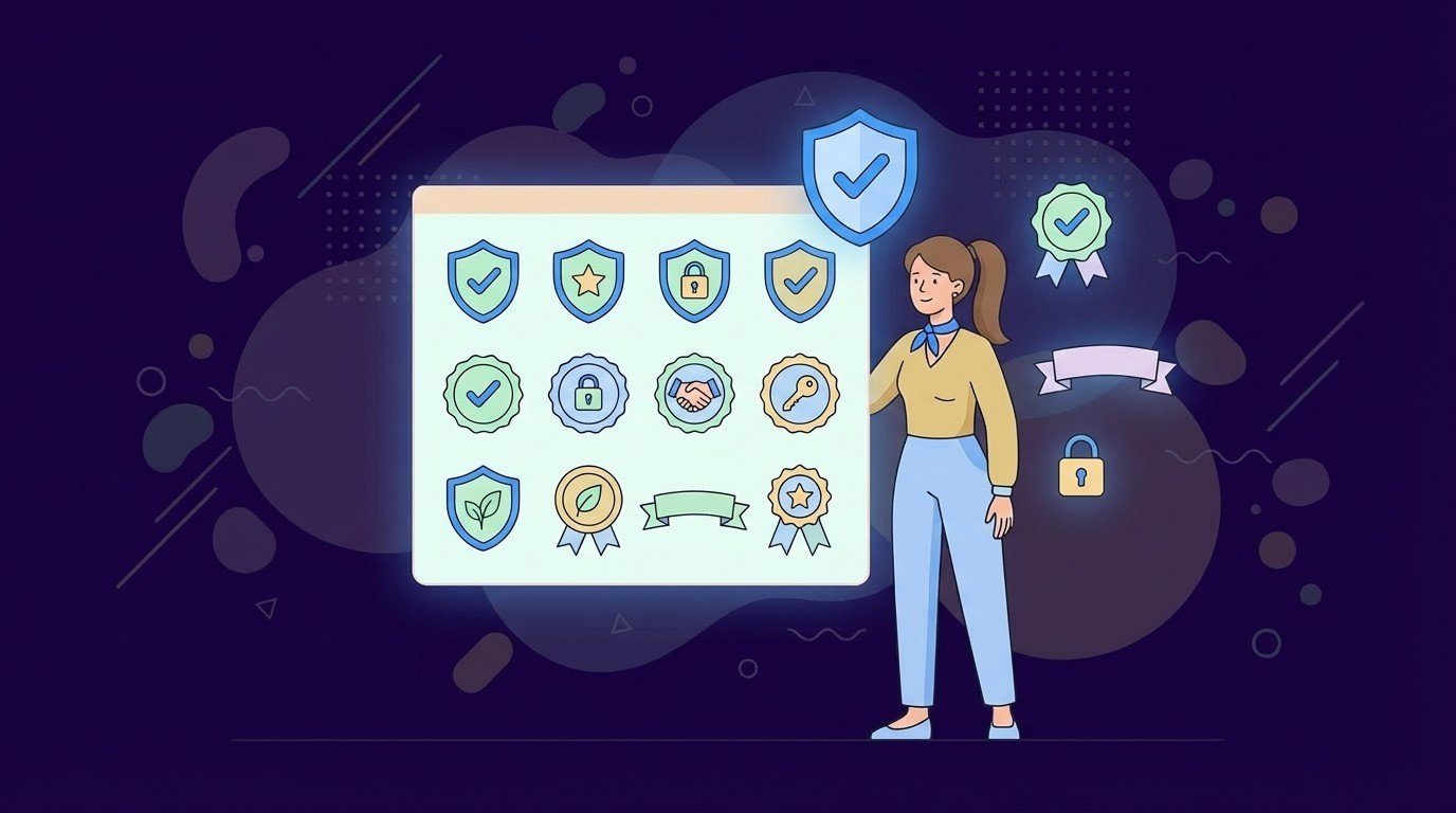Woman beside grid of shield and ribbon icons with checkmarks and locks, representing trust badge and guarantee graphic set for websites.