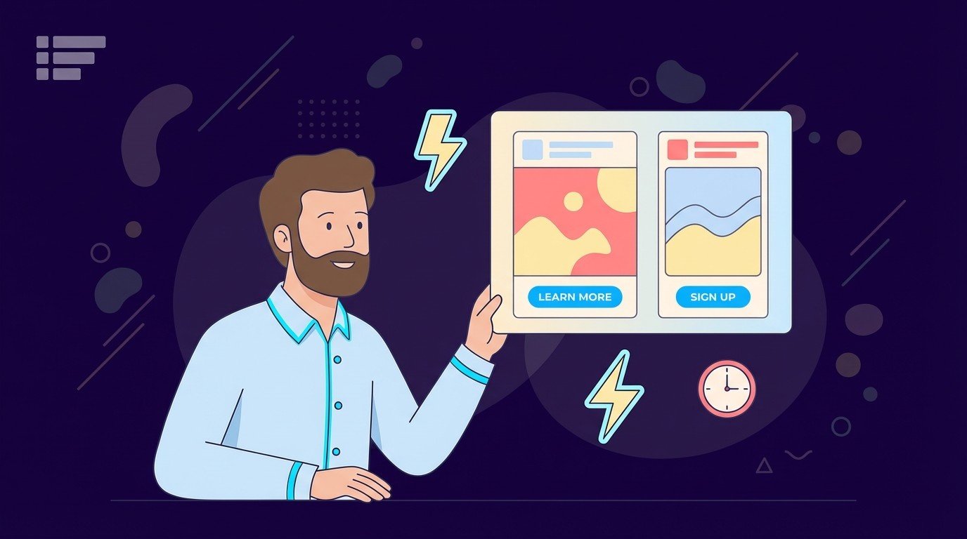 Marketer holding two bright social ad cards with call to action buttons, lightning icons and clock symbol, showing fast social ad creative duo.