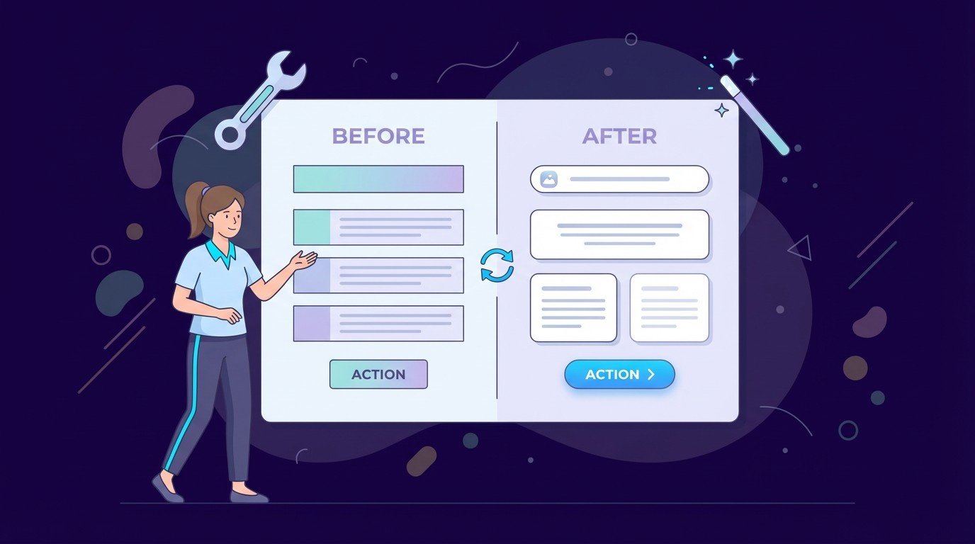 UX designer pointing at before and after landing page sections, demonstrating quick 48 hour mini landing section refresh
