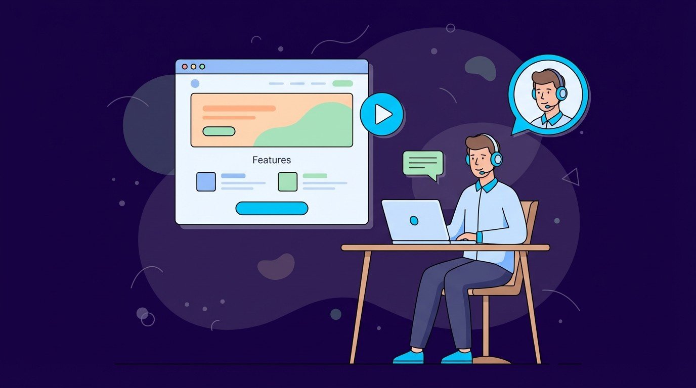 Support expert with headset reviewing landing page on laptop, with large browser window and play icon symbolizing Loom video review.