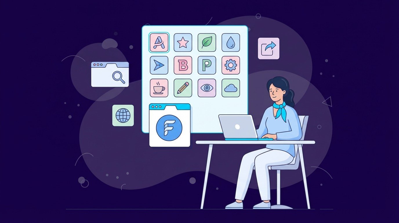 Designer at desk working on panel of colorful app style icons and browser windows, representing custom homepage favicon design service.