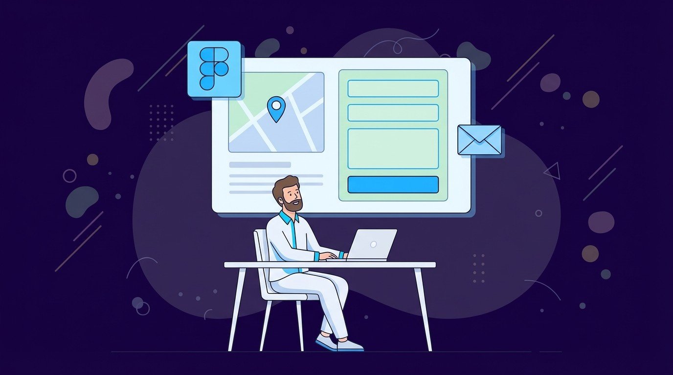 Designer at desk working on laptop in front of large contact page wireframe with map, form fields, and Figma icon, representing contact page layout sketch.
