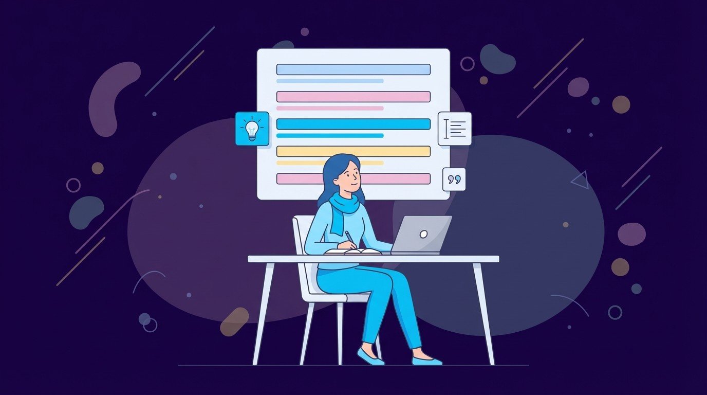 Woman at desk writing in notebook while large screen shows colorful headline and subheadline lines, symbolizing multiple hero copy ideas