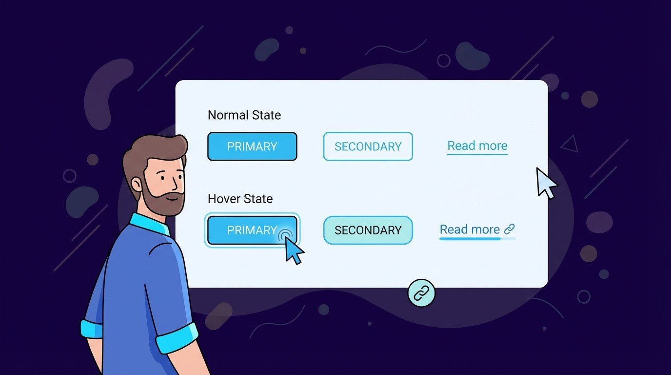 Designer viewing interface panel with primary and secondary buttons plus text links showing normal and hover states for basic button and link styles.