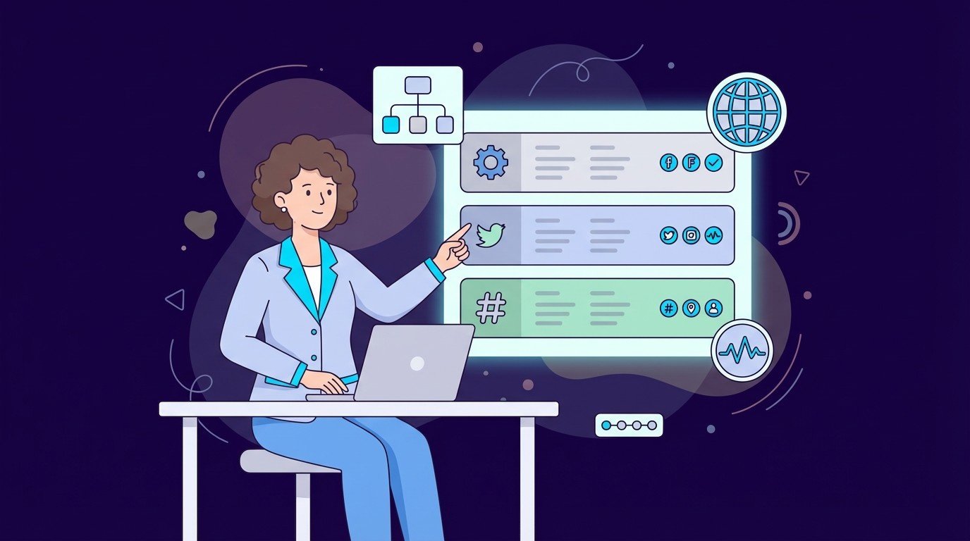 Professional at laptop pointing to large screen with three stacked layout rows showing icons and text blocks, illustrating website footer layout concepts.