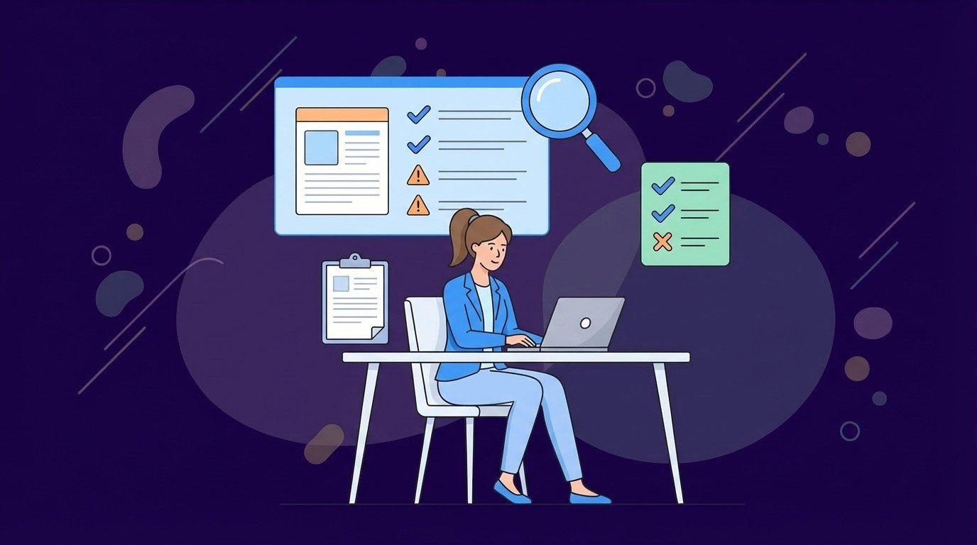 UX specialist at laptop analyzing website checklist on screen with magnifying glass and warning icons, representing one page heuristic review