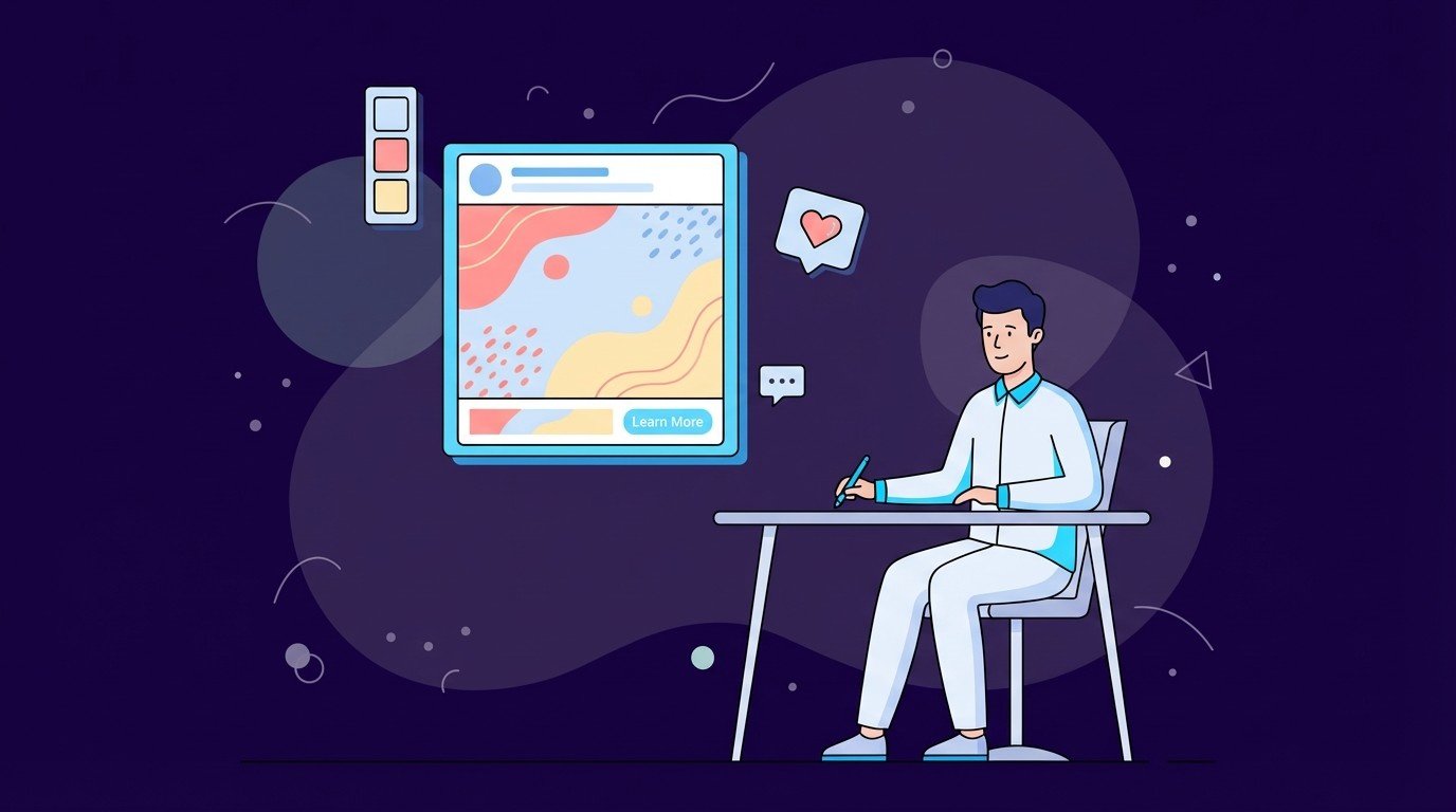 Designer seated at desk sketching while large screen shows colorful static social media post with learn more button and engagement icons.