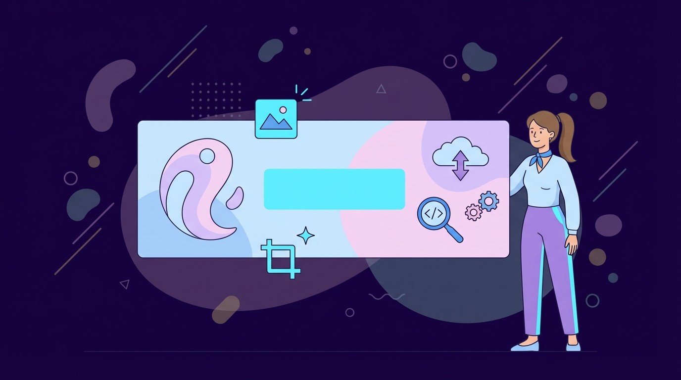 Woman standing beside wide website banner mockup with abstract logo, crop and upload icons, magnifying glass, and settings gears, representing simple banner graphic design