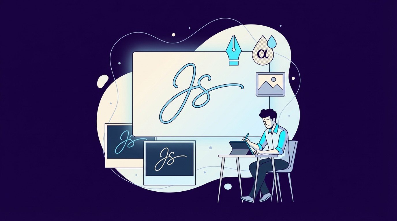 Designer at desk drawing while large screen displays elegant JS signature logo with smaller watermark variations, representing signature logo mark design