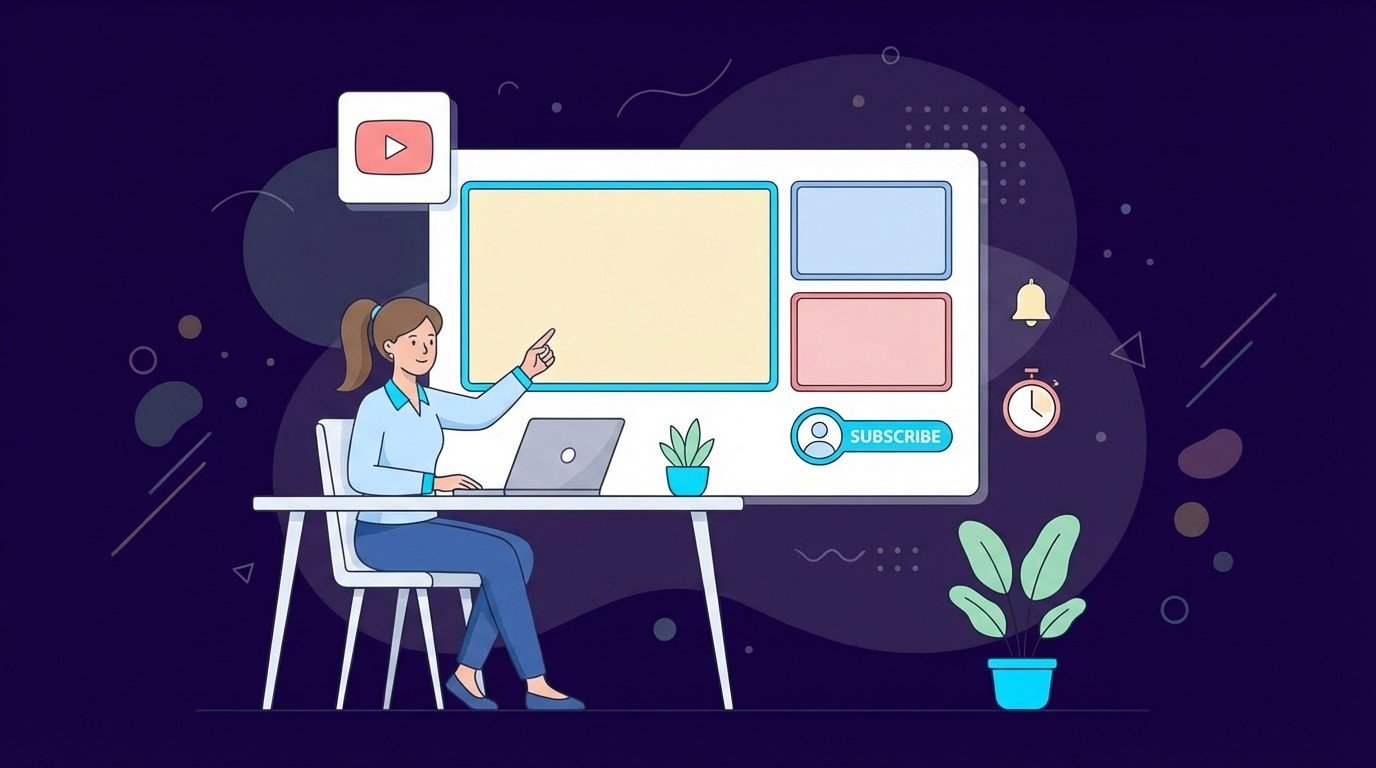Creator at laptop pointing toward large YouTube style end screen layout with video placeholders, subscribe button, bell and timer icons, and plant decor