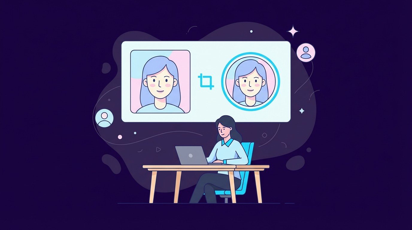 Designer at laptop refining a portrait into a neatly cropped round avatar, representing professional profile picture cleanup and crop service