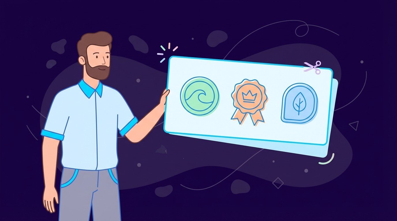 Man holding a panel with three clean icon badges including wave, award ribbon, and leaf shapes, symbolizing custom simple badge and sticker illustration design