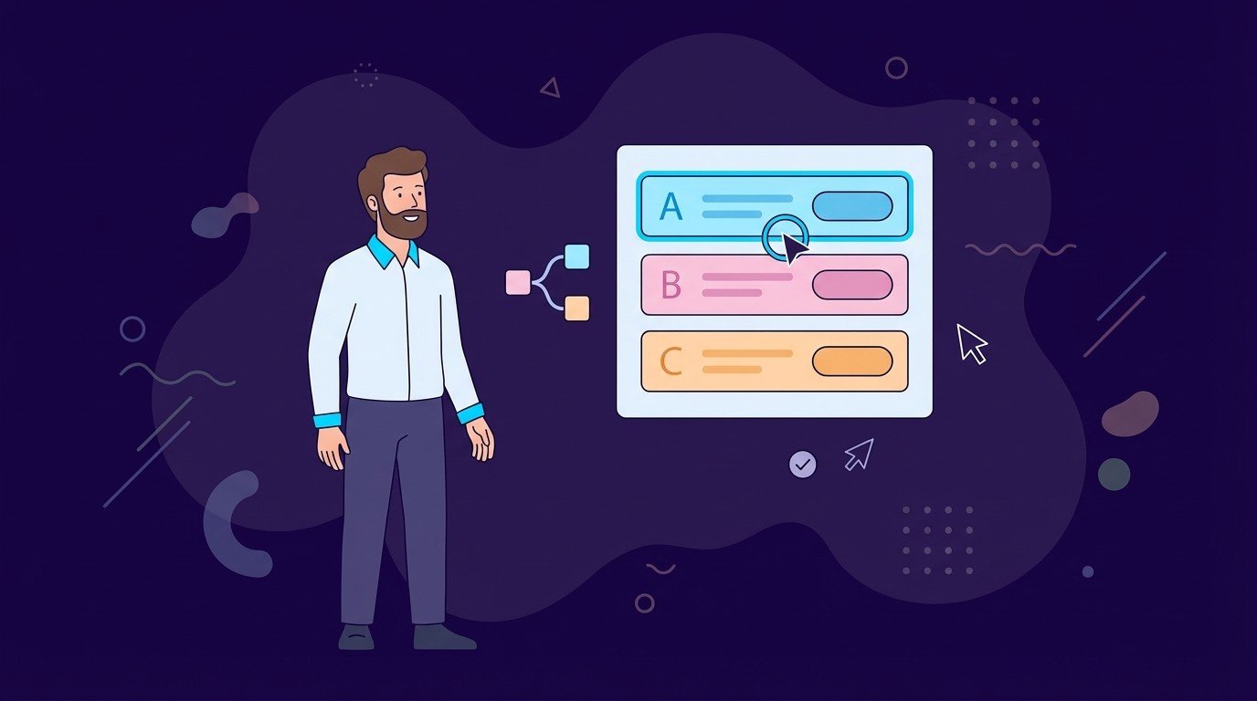 Marketer standing beside a panel with three colorful CTA options labeled A, B, and C, representing multiple call to action text ideas for testing