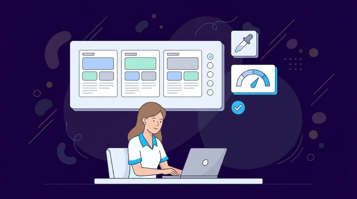 Woman at laptop reviewing three page mockups with color picker and speed gauge icons, representing a quick website color and contrast accessibility check for multiple pages