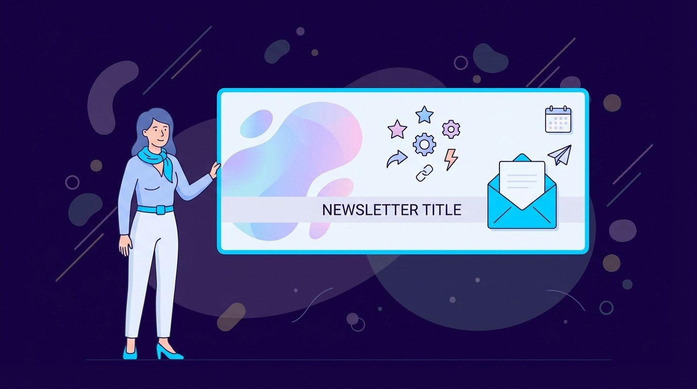 Woman presenting a large colorful newsletter header banner with abstract gradient shapes, icons, and envelope graphic, representing newsletter header design concepts