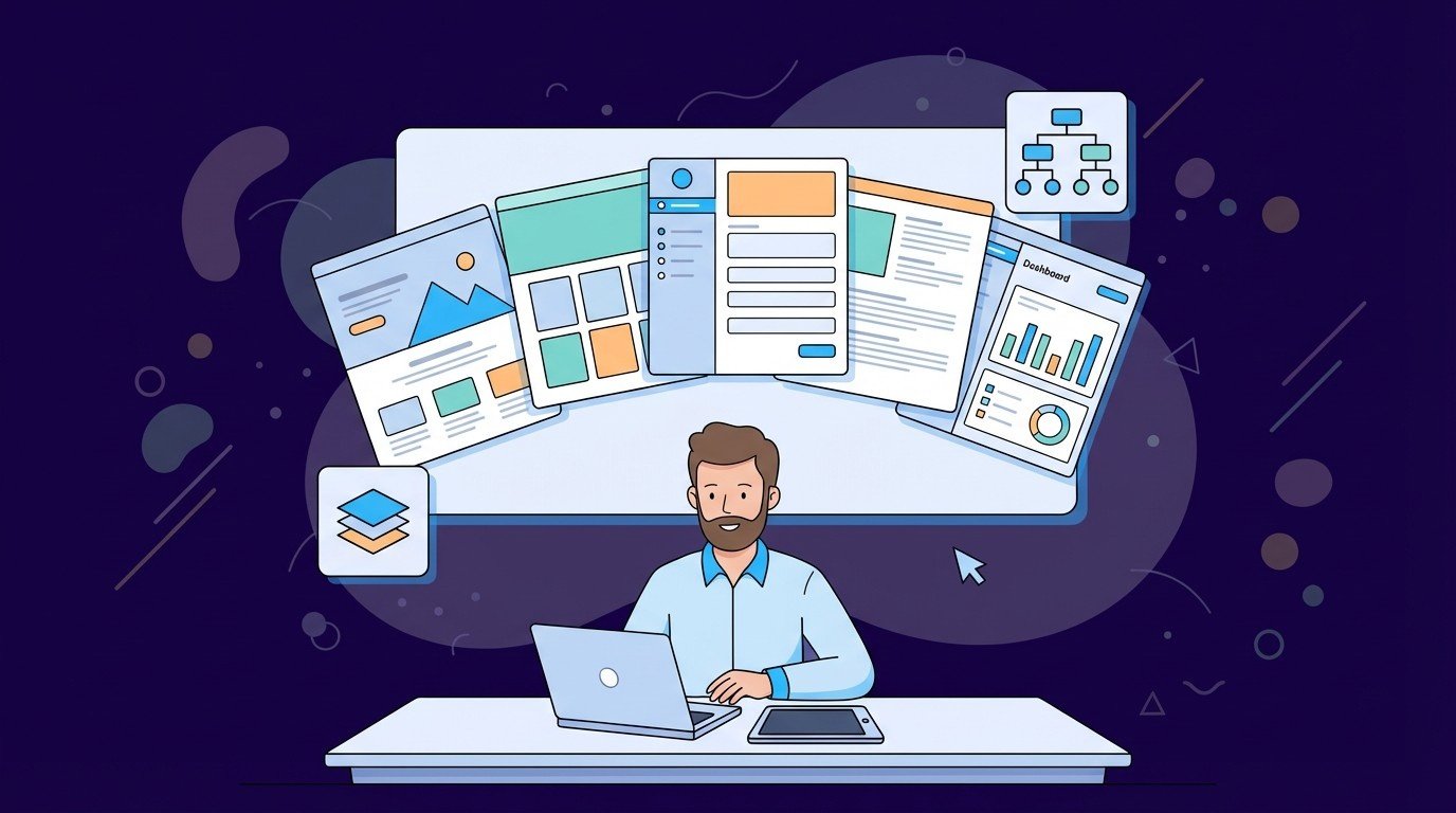 Designer at laptop with multiple floating page and dashboard mockups fanned out above, illustrating full multi page website ui design service