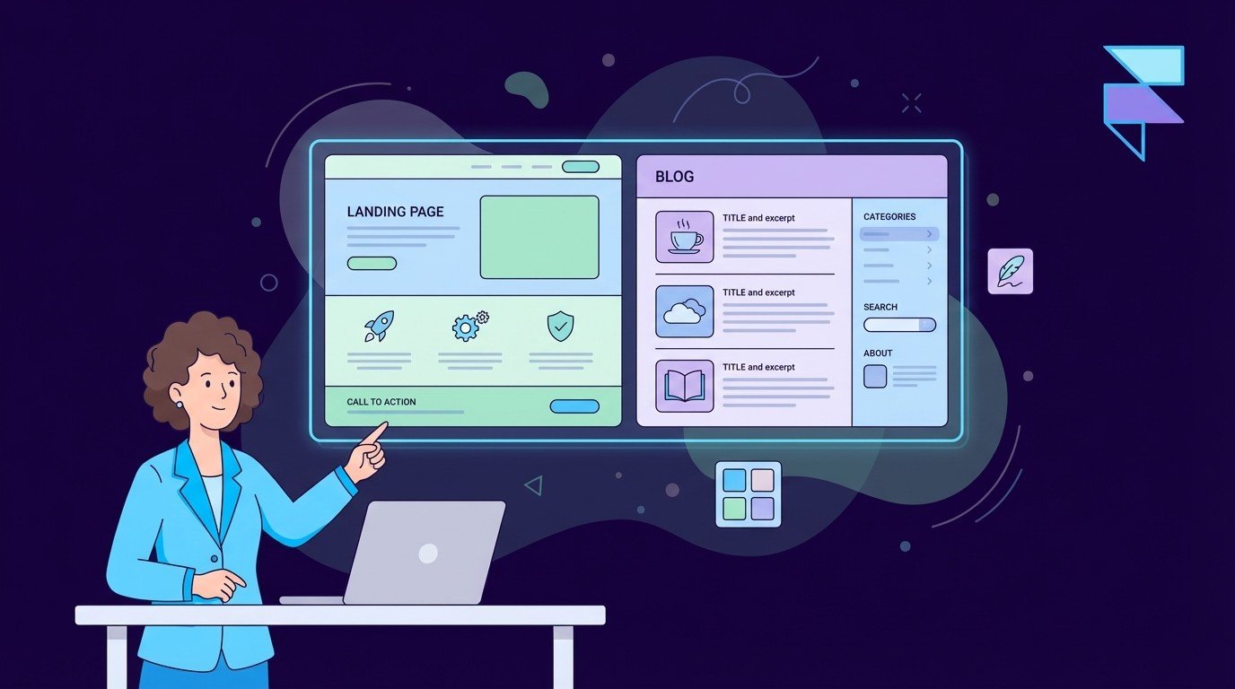 49.FramerLandingBlogLayoutSystemDesignOnl Designer pointing at a large layout showing landing page next to blog list with categories and widgets, representing framer landing and blog layout system design