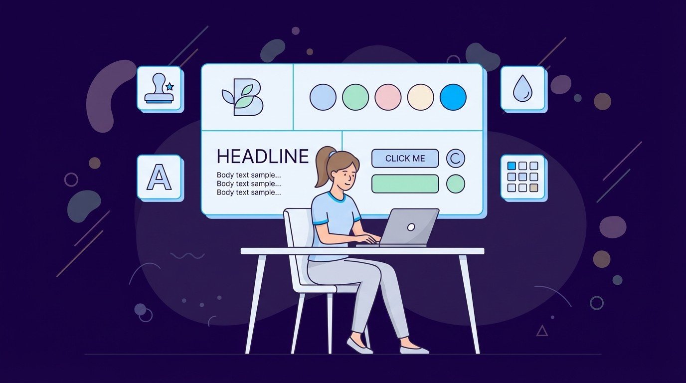 Designer at laptop building a visual identity board with logo, color palette circles, headline text and buttons, representing a complete brand style kit