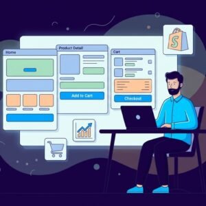 Shopify expert at laptop reviewing wireframes of home, product detail and cart pages with add to cart and checkout buttons for a conversion-focused store redesign.