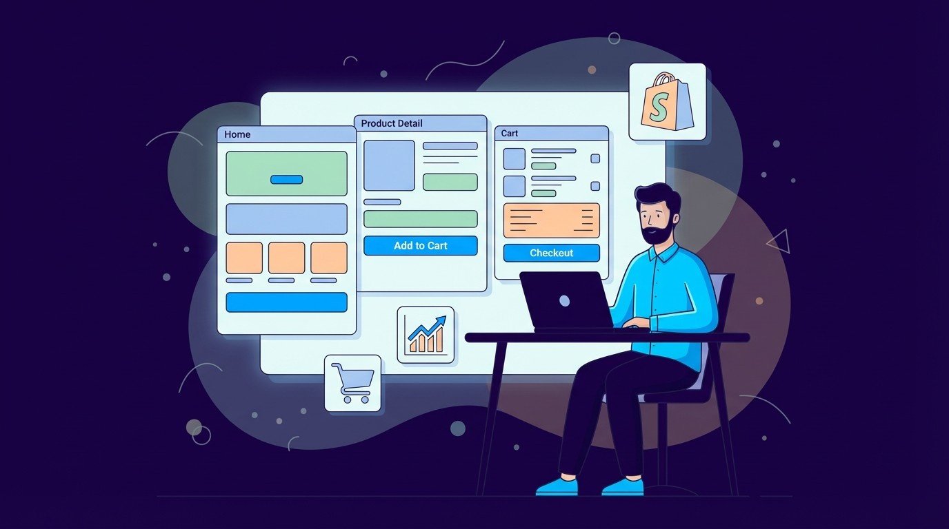 Shopify expert at laptop reviewing wireframes of home, product detail and cart pages with add to cart and checkout buttons for a conversion-focused store redesign.