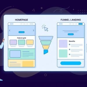 Marketer comparing homepage and funnel landing page wireframes with a central funnel icon to plan a two-page high-converting journey