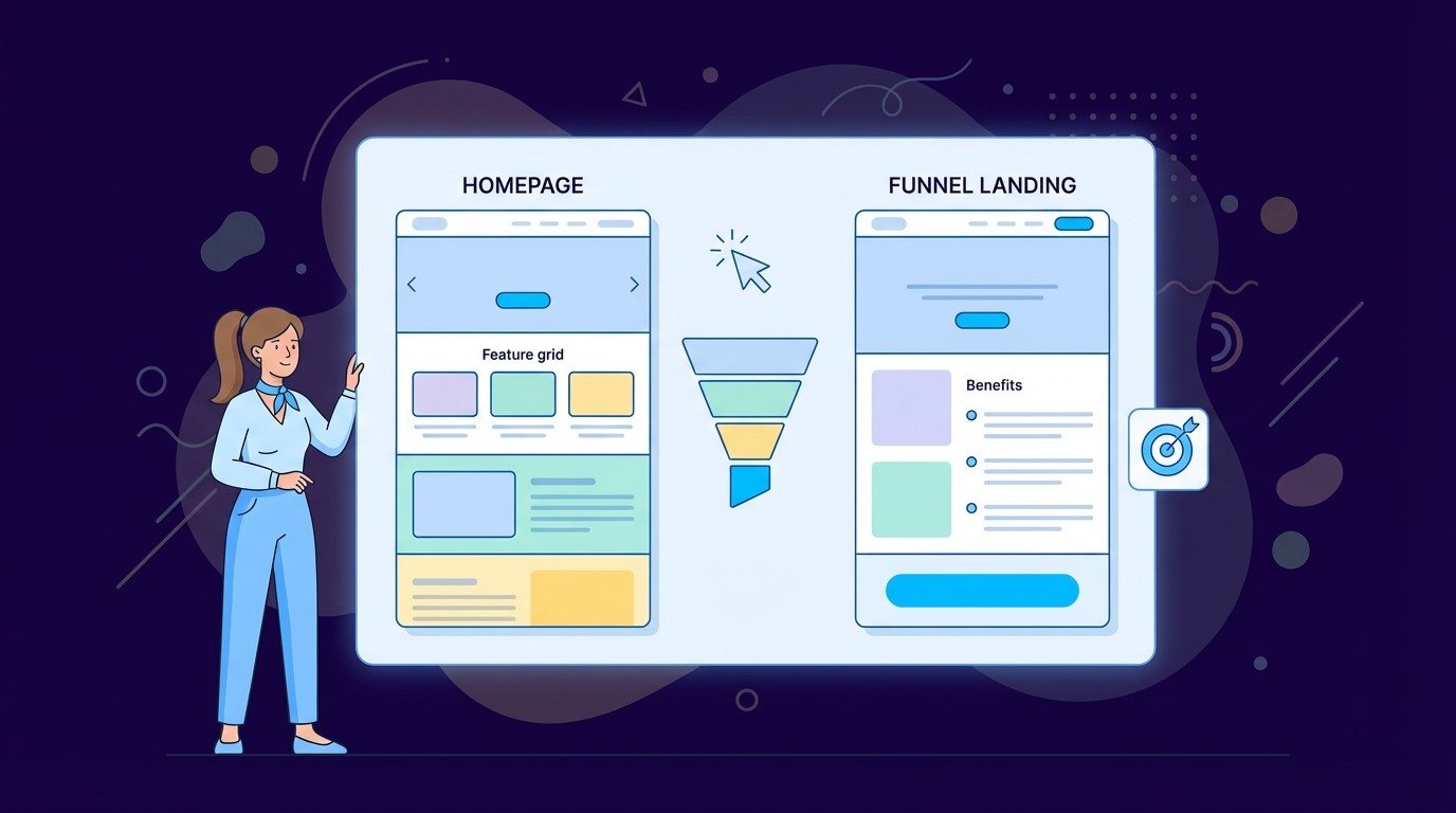 Marketer comparing homepage and funnel landing page wireframes with a central funnel icon to plan a two-page high-converting journey