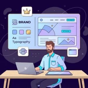Brand designer at desk reviewing a style board with logo, colors, typography and matching website layout, representing a premium brand identity and site starter pack.