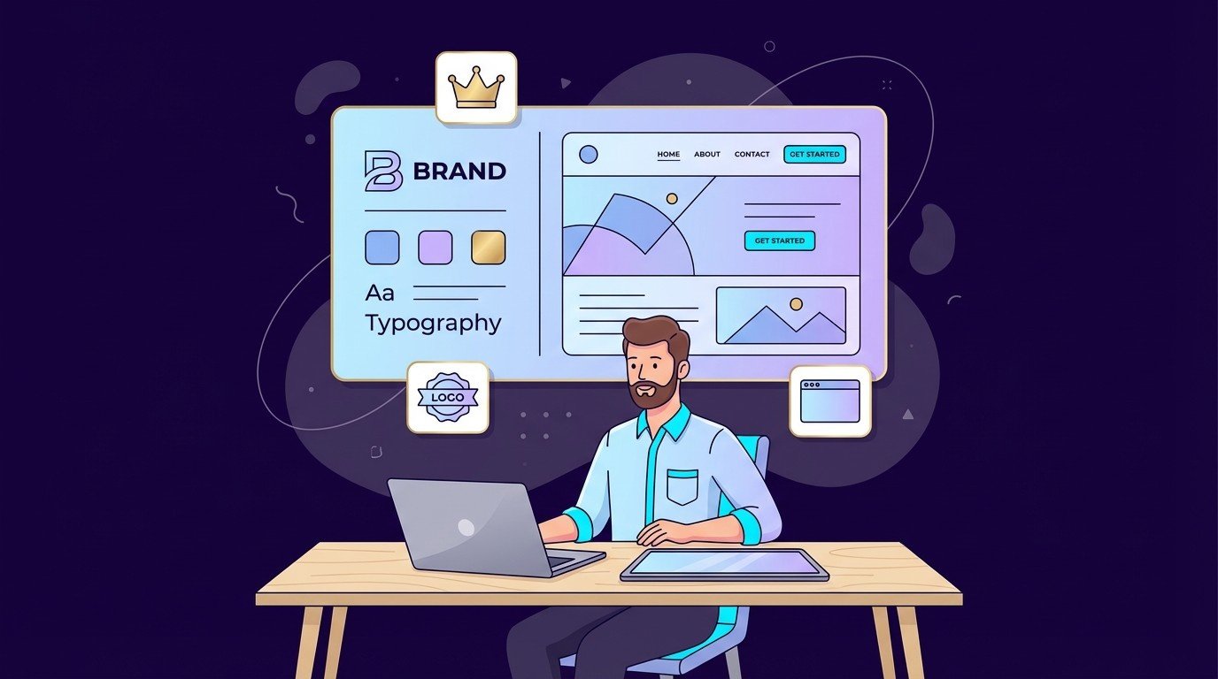 Brand designer at desk reviewing a style board with logo, colors, typography and matching website layout, representing a premium brand identity and site starter pack.