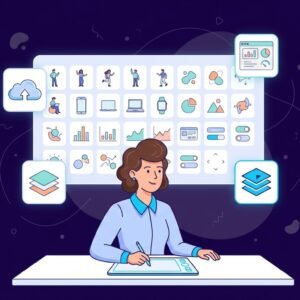 Illustrator at tablet drawing while a grid of SaaS-style icons and scenes appears above, showing a cohesive custom illustration system