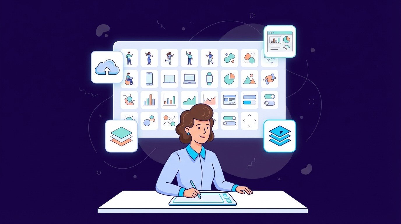 55.CustomIllustrationSystemforSaaS20Asset Illustrator at tablet drawing while a grid of SaaS-style icons and scenes appears above, showing a cohesive custom illustration system